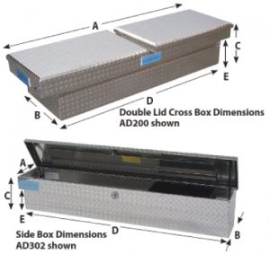 dimension guide for the Adrian Steel double lid cross boxes and side boxes