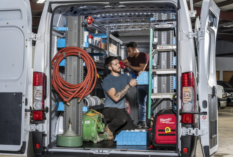 Upfitted van showing shelving units